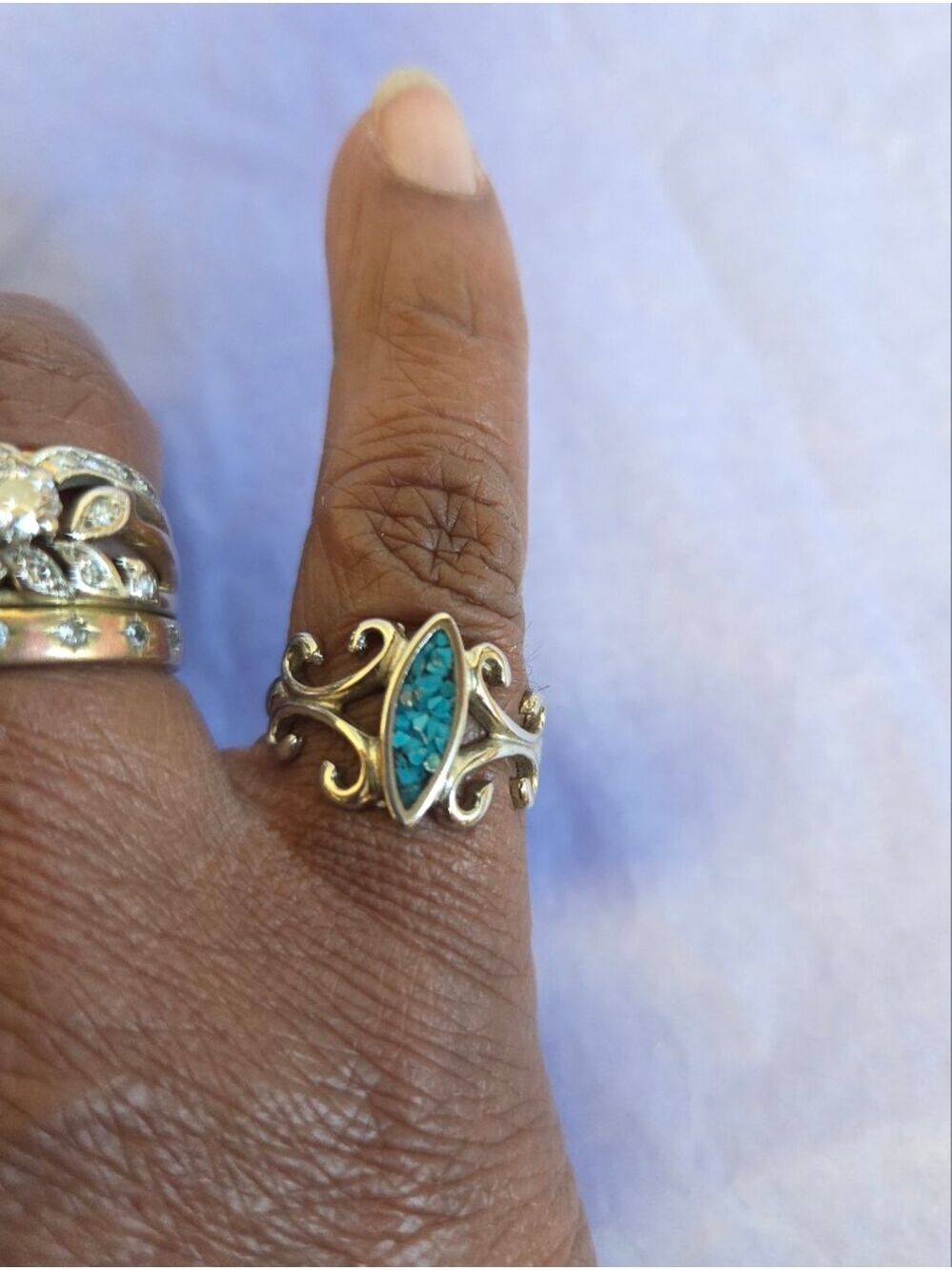 Vintage 90s Sterling Silver 925 Marquise Mosaic Turquoise Inlay Ring, Size 7